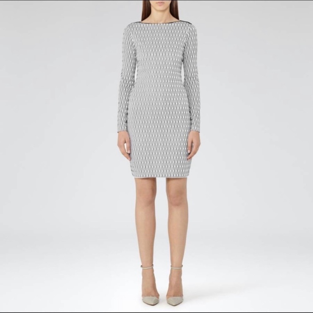 Reiss Auguste Black White Geometric Optical Print Long Sleeve Bodycon Dress Sz 8